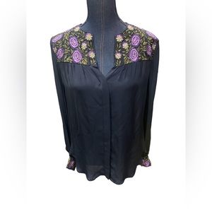 Haute Hippie navy blue sheer beaded embroidered 100% silk boho blouse sz small